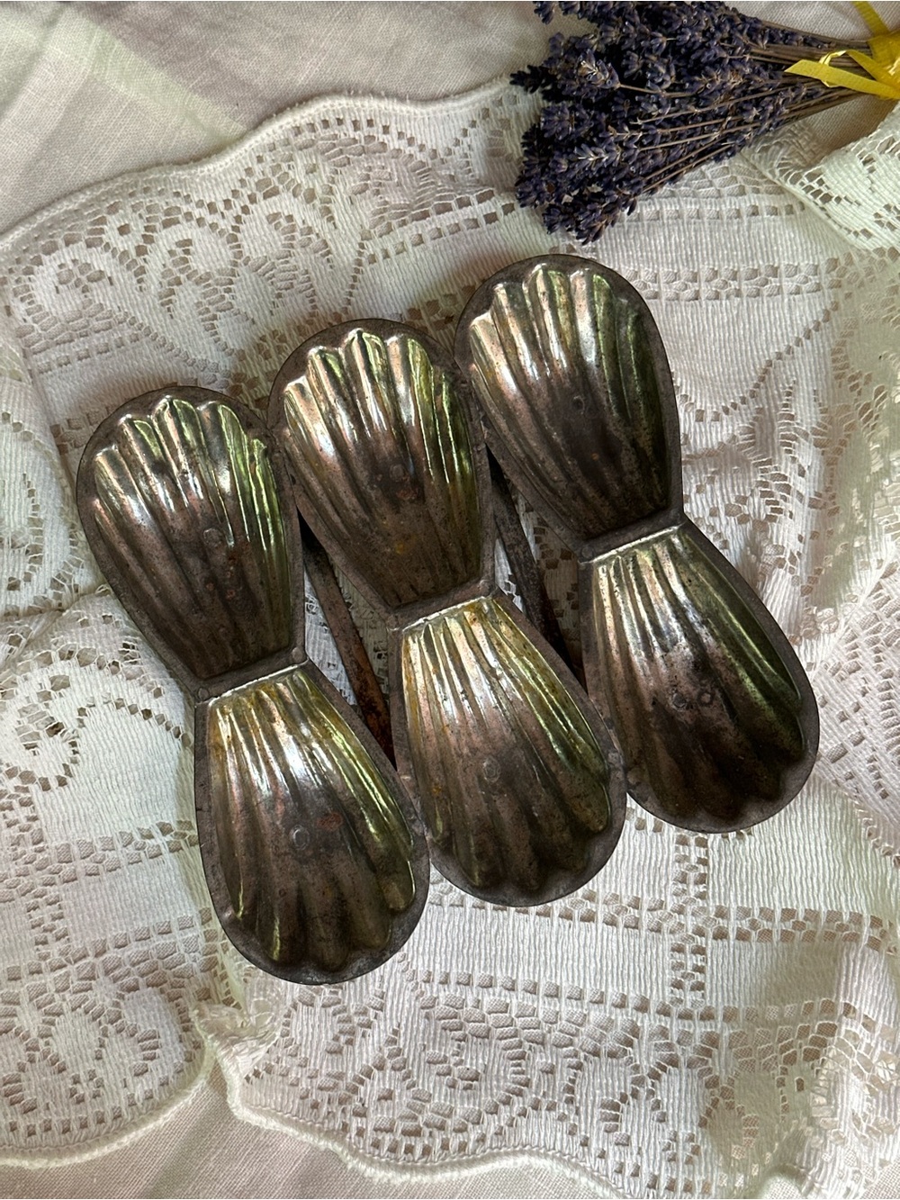 Vintage French Madeleine Molds Set of 3 Connected Tin Bakeware Rustic Decor